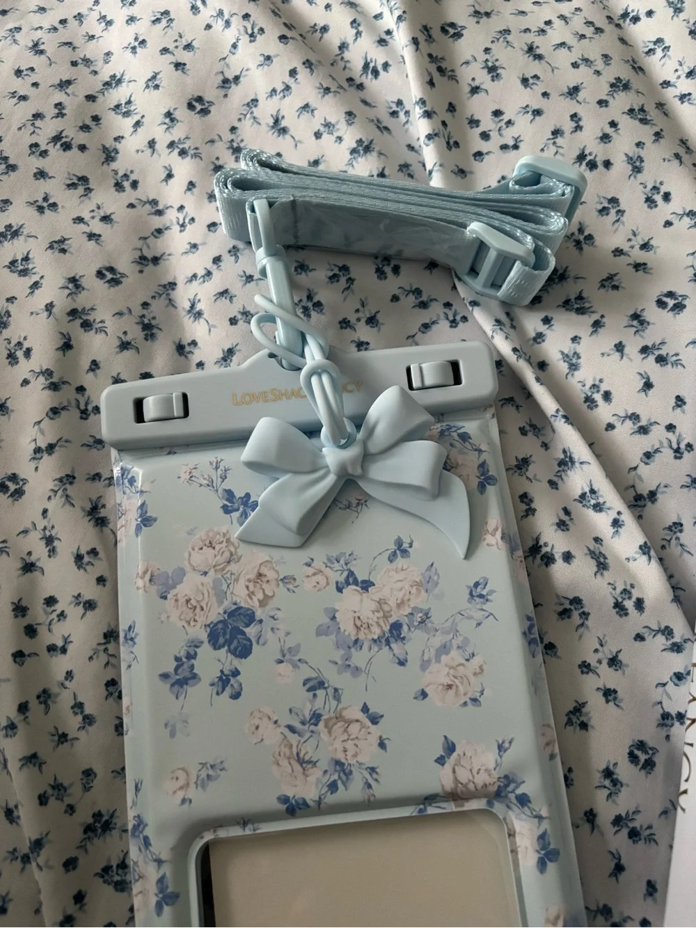 LoveShackFancy Light Blue Floral Waterproof Phone Pouch with Strap